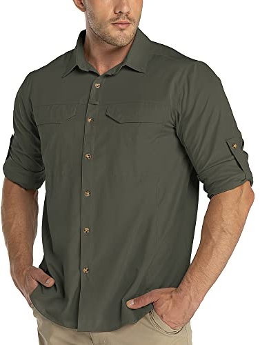 33,000ft Funktionshemd Herren UPF50+ UV-Schutz Langarm Hemd Atmungsaktiv Button-Down-Hemd Outdoor Sportliches Freizeithemd Angelhemd Für Männer Grün L
