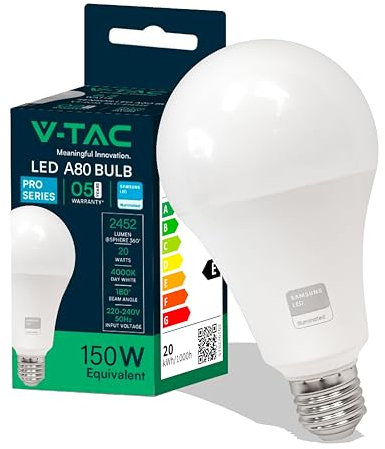 V-TAC Lampadina LED con Attacco Edison E27, 20W (Equivalenti a 150W) A80, 2452 Lumen, Lampadina LED per Massima Efficienza e Risparmio Energetico, Luce 4000K Bianca Naturale
