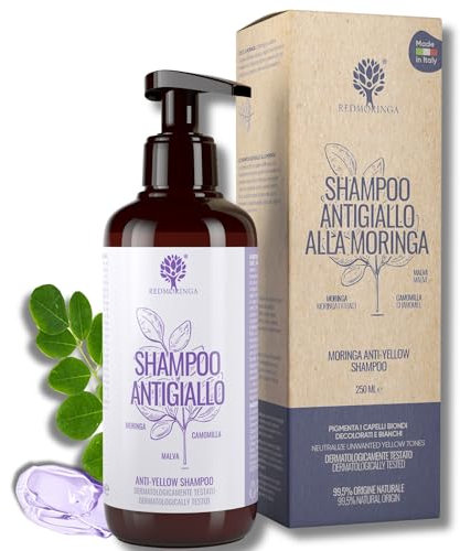 Shampoo Antigiallo BIO | Nuova formula 3X più efficace | Tonalizzante capelli biondi, decolorati o bianchi - Shampoo Naturale 99,% senza SLS o ASL - Con Moringa, Malva e Camomilla | RedMoringa 250ml