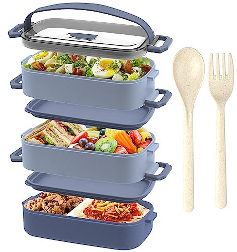 OITUGG Brotdose - 3 Etagen Lunchbox für Erwachsene - 2200ml Bento Box, mit Besteck und 3 stk Fächern Einstellbar, BPA Frei, Mikrowellengeeignet, Blau, 19.5 x 11.2 x 15cm, ohne Edelstahl Inner