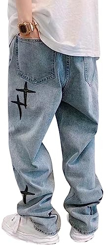 ORANDESIGNE Jean Imprimé Hip Hop Homme Coupe Droite Vintage Denim Pantalons Unisexe Femme Baggy Lâche Fit Jambe Droite Pantalon Rétro Streetwear Pantalon de Skate W Bleu XL