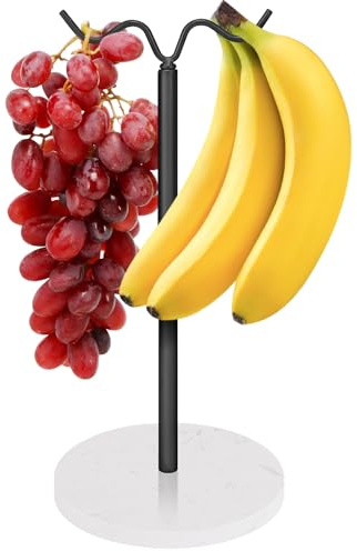 Winmien Double Hooks Standing Banana Holder with Marble Base, Banana Hanger Tree Stand Hook for Kitchen Countertop, Sturdy and Balanced Fruit Shelves with Storage on Both Sides. (Black)
