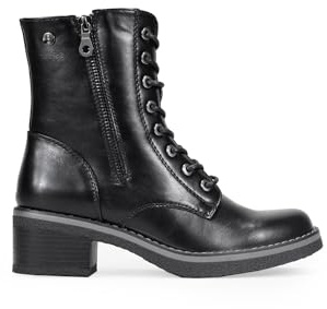 BOSANOVA Botines confeccionados en Piel Vegana con Detalle de Cordones, Cremallera Lateral Decorativa y Suela con Ligero tacón de Crepe. Cierre con Cremallera Interior. Calzado para Mujer Negro 37