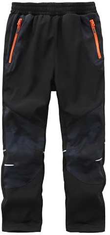 Zzkouine Pantaloni Softshell Bambino Caldo Pantaloni Invernali Trekking Ragazzo Pantaloni Neve Bambino Impermeabili con Fodera in Pile, Nero/Camuffamento 146-152