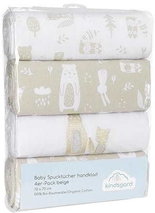 Kindsgard Molton-Spucktücher „Handklad“ – Beige – 4er-Pack aus 100 % Baumwolle – saugfähig, weich & vielseitig – 70x70 cm – waschbar & trocknergeeignet – Baby Spucktuch Set für Zuhause & unterwegs