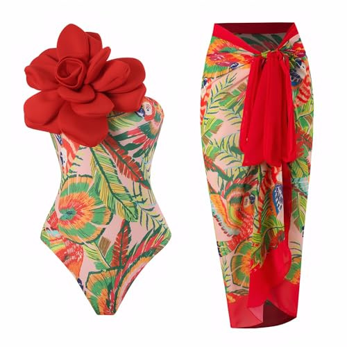 YUNIDMEIM One Shoulder Swimsuits for Women 3D Flower Decoration One Piece Swimsuit with Cover up Set