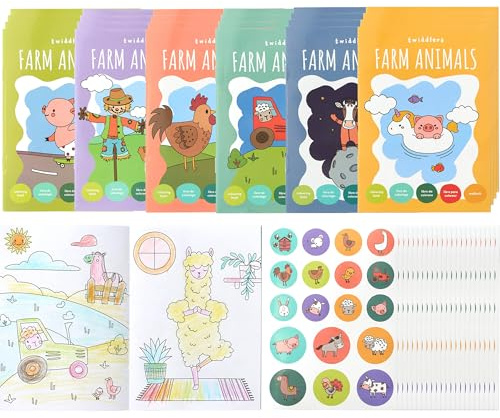 THE TWIDDLERS 24 mini livres de coloriage pour sacs de fête, avec autocollants - thème des animaux de la ferme, mini livres A6 pour les enfants de 4 à 8 ans, parfaits pour remplir les sacs de fête.
