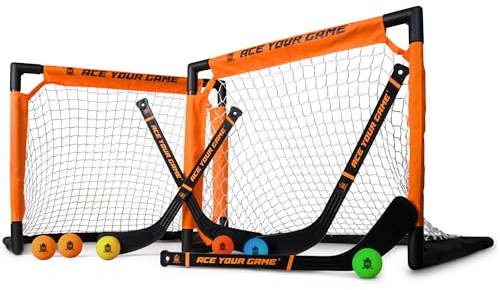 ACE HOCKEY - Shinny Hockey Set - Complete 4-Player Indoor/Outdoor Kit - Knee Hockey Goal Set (2) Goals, (2) Mini Sticks, and (6) Foam Balls - Mini Hockey Set
