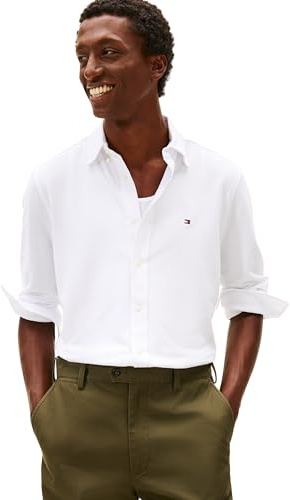 Tommy Hilfiger herr stickad Pique fjädervikt skjorta MW0MW41690 L/S skjorta, vit, L, Vit (vit), L