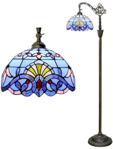 Fiunkes Blue Baroque Floor Lamp, Tiffany Style Green Pink Stained Glass Red Crystal Beads Arched Floor Lamp, Gooseneck Adjustable Corner Standing Reading Light for Bedroom Living Room