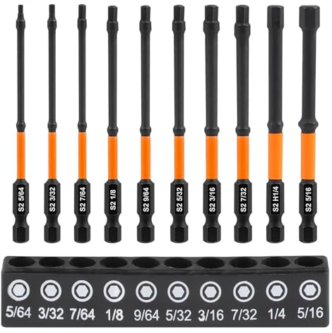 MIGUBIGU 10-delad insexbits-set, lång 100 mm med magnethuvud, sexkantig sae-bitssats, hex sexkant skruvmejsel 5/64, 3/32, 7/64, 1/8, 9/64, 5/32, 3/16, 7/32, 1/4, 5/16, bitssats insex