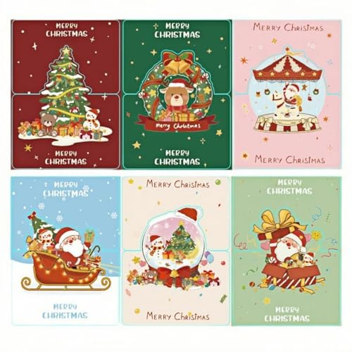 Csuntikulo Lot de 36 Pièces Cartes de Noël – 12 Cartes de Vœux Pliantes avec 12 Enveloppes Rouges et 12 Autocollants – 6 Designs Festifs – Joyeux Noël Carte Postale pour Famille et Amis