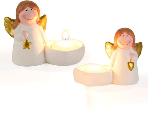 Staymoment Angelo decorativo natalizio: set da 2 portacandele con angelo natalizio, angelo custode, statuetta in ceramica, decorazione natalizia per interni