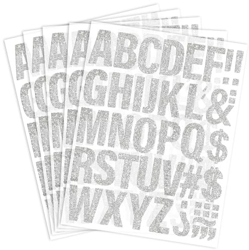 Lettere termoadesive per vestiti, 5 cm, glitterate, argentate, 5 fogli, lettera a trasferimento termico per abbigliamento, tessuto, maglietta