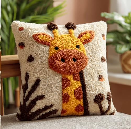 Kitquiver Latch Hook Cushion Kits Giraffe 43X43Cm Latch Hook Pillow Case Kits Embroidery,DIY Needlework Pillow Cover Sofa Cushion Rug Making for Adults and Kids,Craft Home Decor