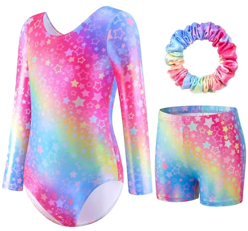 FILOWA Justaucorps de Gymnastique pour Filles Ensemble 3 Pièces, 3-14 ans | Manches Longues, Sans Manches, Maillots de Gymnastique, Short et Bandeau Tenue, Brillant, Dégradée, Enfant Spectacle Leotard