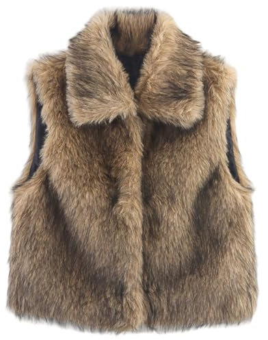 Joygoodta Gilet corto da donna in pelliccia sintetica, elegante colletto con bavero senza maniche, gilet invernale peloso abbottonato (marrone, M)