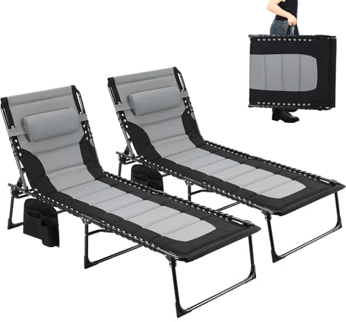 Clevich Bain de Soleil,Lot de 2,Chaise Longue Pliable,5 Positions,199x66cm | Transat de jardin extra-large,avec Matelas Rembourré et Oreiller,Charge Max 150kg,Plage,Piscine,Jardin,Terrasse,Gris Foncé