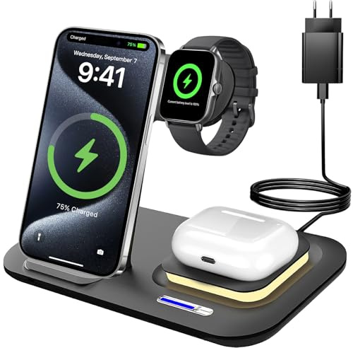 SERIONR Wireless Charger,3 in 1 Charging Station for iPhone 17 16 15 14 13 12 11/Pro/Max/Plus,Foldable Inductive Wireless Charger with Night Light for Apple Watch 10/9 and AirPods 3/2/Pro,Dark Black