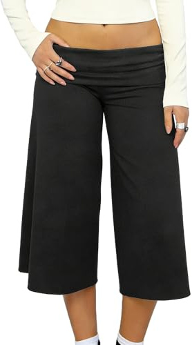 Svuitmsl Pantalon court évasé pour femme - Coupe ample - Taille basse - Extensible - Style palazzo - Pantalon capri, G-black, M