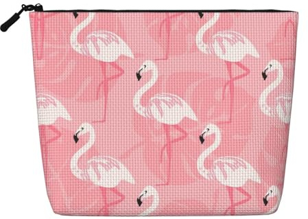 Summer Flamingo Palm Leaves Print Fake Hemp Makeup Bag Cosmetic Pouch Travel Toiletry Bag Waterproof Organizer for Women