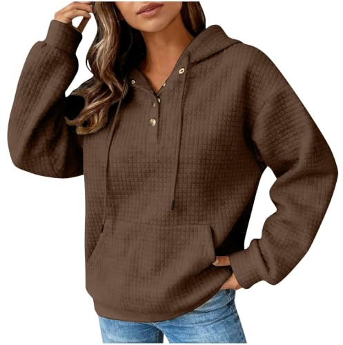 Kvinnor button-up-tröja med huva, sweatshirt sidofickor för kvinnor | Dam-halvknappar tröjor vinterkläder, lätta beskurna huvtröjor, justerbar dragskohuva för gym träning träning träning
