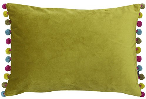 Paoletti Riva Fiesta Rectangular Cojín Verde-Multicolor Pompom Bordes-Faux Velvet-Reversible-Cierre De Cremallera-100% Polyester-35 X 50Cm (14 X 20 Pulgadas), poliéster, Bambú/Multi, 50 x 1 x 35 cm