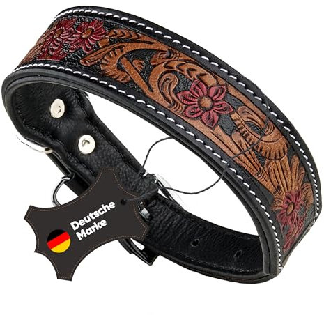 MICHUR Flora Hundehalsband Leder, Lederhalsband Hund, Halsband, SCHWARZ Rot Braun, Leder, mit roten Blumenmuster, in verschiedenen Größen erhältlich