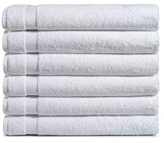 Amazon Basics 6-Pack Bath Towels, 100% Ring Spun Cotton, 600 GSM, Lightweight and Highly Absorbent, Quick Drying, Hotel Quality, 27 x 54 inches, White