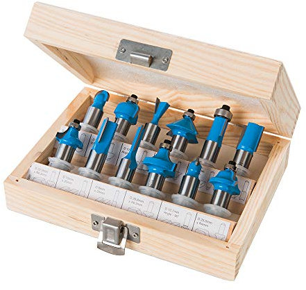 12 Piece Kitchen Fitter Router Bit Set –Tungsten Carbide Fluted Blades– Wood Laminate Worktop Straight Cutter / Flush Trimming Rounding Over Dove Tail Tool – 12mm Metric Shank Hardened Steel Long Life