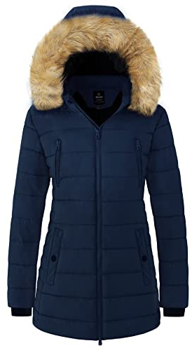 Wantdo Chaqueta de Abrigo Cálido de Invierno Parka Mediana Larga A Prueba de Viento con Capucha de Piel Desmontable Chaqueta Impermeable de Ajuste Delgado para Mujer Azul Oscuro XXL