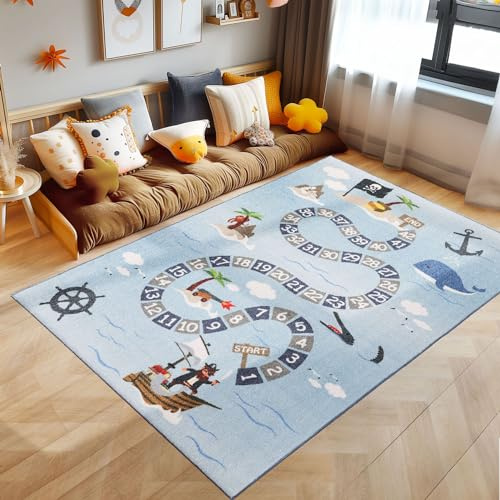 SIMPEX Alfombra Infantil Azul 140x200 cm Pirata Diseño Moderno Antideslizante Lavable Fácil Cuidado Suave Antialérgica Habitación