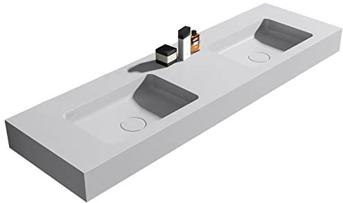 Wandwaschbecken Doppelwaschtisch BA8016 aus Mineralguss - 163 x 45 x 12 cm - Farbe wählbar - Metallkonsole optional, Farbe:Weiß matt, Untergestell:Ohne Untergestell