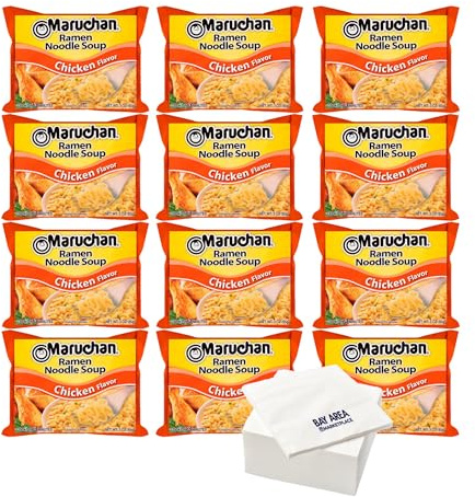 Maruchan Ramen Noodle, Chicken Flavor, Instant Ramen, (3oz. 12-Pack) with Bay Area Marketplace Napkins