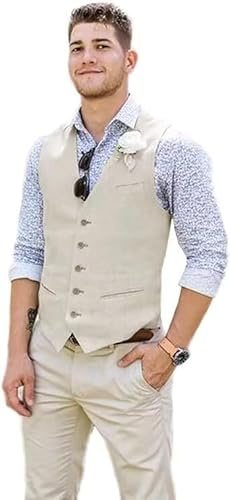 Wehilion Men Suit Vest Linen Beige Beach Wedding Waistcoat Summer Casual Vest For Men Groomsmen XXL