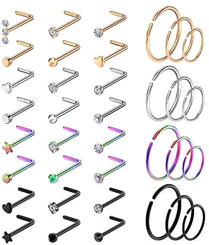 Kucheed 36 Pezzi di Orecchini 20G Acciaio Chirurgico, Forma Cerchio e L, Anelli Setto Naso, Cartilagine, Labbro
