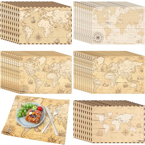 Eaasty 50 Disposable World Map Paper Placemats Vintage World Map for Old Paper Retro Style Decorative Travel Adventure Table Mat for Geography Learning Education Traveler Theme Crafts (13.4 x 9.45'')
