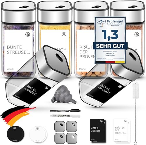 Miorkly 6 barattoli per spezie rettangolari, set da 120 ml, con inserto per spargimento, spargispezie con guarnizione resistente con coperchio girevole, organizer per spezie in vetro in acciaio inox,