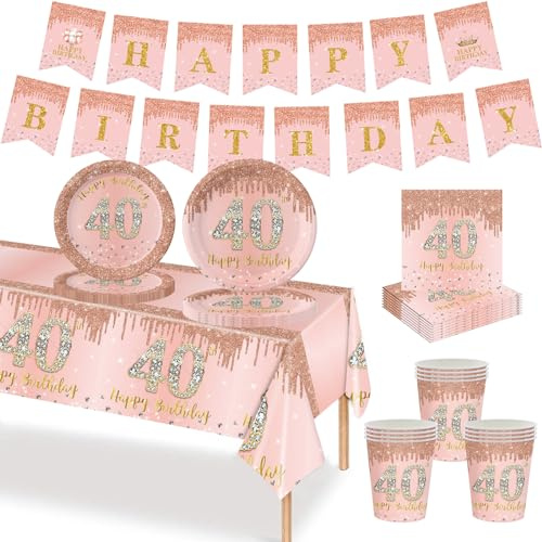 MORAINJAY 40. Set di stoviglie per feste in oro rosa da 70 pezzi. Piatti di carta, bicchieri di carta, tovaglioli, striscioni di carta, decorazione da tavolo per la festa di 40 anni per uomini e donne
