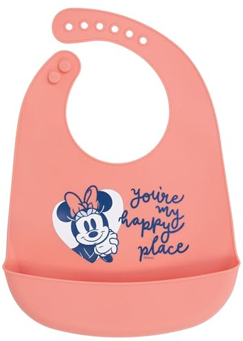 STOR Babero de Silicona Minnie Mouse Disney Baby - Flexible Impermeable con Recogemigas - Ajustable para Bebés y Niños - Fácil Limpieza