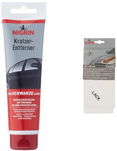 NIGRIN 74256 Kratzer-Entferner, 150 g, schwarz & Mikrofaser-Tuch Lack, besonders sanft zum Lack, garantiert kratzerfreies Auspolieren, Auto Microfasertuch Autopflege, 40x40 cm