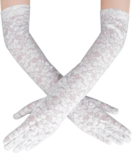 Yolev Guantes Blancos Largos Mujer Vintage Guantes de Encaje de Opera Largos para Damas de Los Años 80 Fiesta de té Vestidos Bola Floral para Boda Cosplay Guantes de Halloween Años 20
