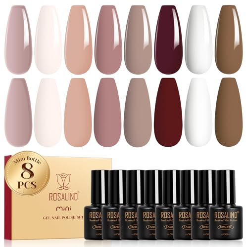 ROSALIND Esmaltes Semipermanentes Marrón, 8 Color Marron Nude Blanco Colores Semipermanentes Uñas, UV LED Pintauñas Semipermanentes Nail Art Manicure Regalo
