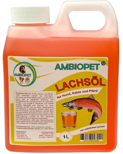 Ambiopet 1 Liter natürliches Premium Lachsöl aus Norwegen für Hund, Pferd und Katze zum BARFen mit reichhaltigen Omega 3 & 6 Fettsäuren im praktischen Dosierbehälter