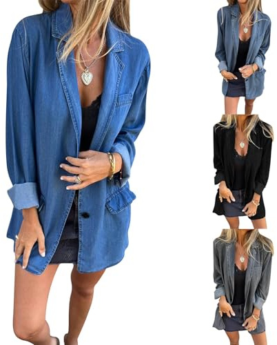 Generisch Jeansjacke Damen Oversize- Longblazer Damen elegant- jeansmantel gefüttert- Damenjacke frühling Sommer- leichte Sommerjacke lang