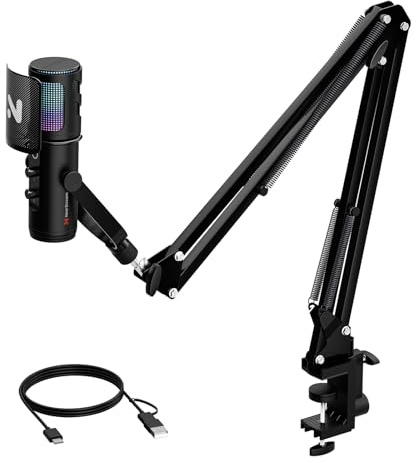 NearStream Micrófono USB Condensador con Brazo Flexible para Gaming/Streaming/Podcast/PC/Mac/PS4/PS5, Cancelación del Ruido/LED RGB/Silencio/Ganancia/Monitorización de Audio/Filtro Anti Pop,AM30U