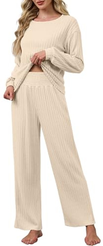 CheChury Ensemble Pantalon et Haut Femme Ensemble 2 Pièces Chic et Elegant Femme Pyjama à Manches Longue Survêtement de Détente Doux Loungewear Décontracté,Beige,L