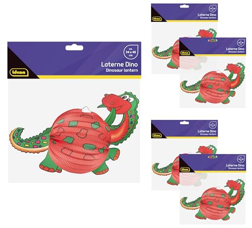Idena 90433 - Lanterna di carta dinosauro, 5 pezzi ciascuno di circa 34 x 46 cm, lanterne di carta rosso-verde con motivo dinosauro 3D, lanterne per bambini per San Martino e feste luminose