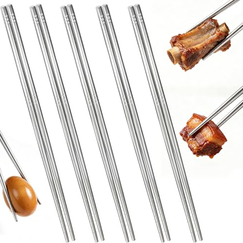 hankousi 5 paia di bacchette da 23 cm in acciaio inox 304, riutilizzabili, antiscivolo, con design a 6 anelli, lavabili in lavastoviglie, ideali per cucina cinese, giapponese, coreana e sushi