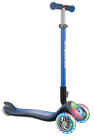 GLOBBER Elite Flash Lights Roller – Tretroller Kinder ab 3 Jahre - Scooter 120/80 mm - ABEC 5, 3-rädrig – höhenverstellbar - LED-Rollen und Leuchtdeck – Dunkelblau